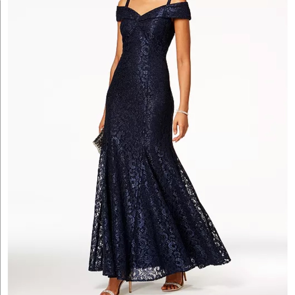 R&M Richards off the shoulder glitter lace gown - navy